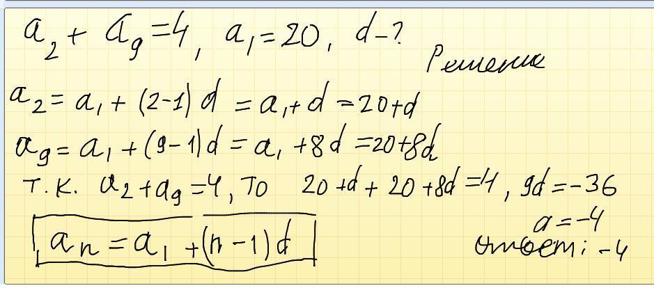 Применим формулу нахождения n- го члена арифметической прогрессии для второго и девятогоИспользуя условия задания  составим уравнение и решаем его...