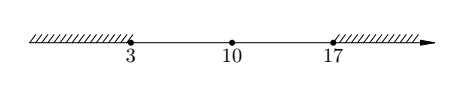 Расстояние от точки 10 до точки x больше или равно семи